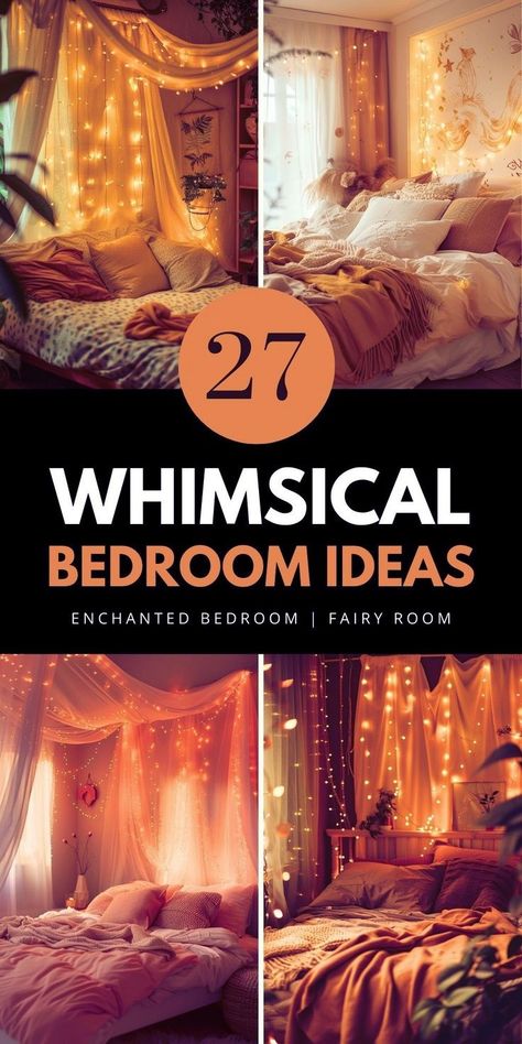 Discover 33+ cozy whimsical bedroom aesthetic ideas that combine adult modern decor with boho elements. Incorporate pink, green, and dark blue tones for a unique aesthetic. Save this pin to your "Home Inspiration" board and read the full article for more ideas. Magical Bedroom Ideas For Adults, Fairytale Bedroom Ideas For Adults, Whimsical Bedroom Ideas, Enchanted Bedroom Ideas, Bedroom Aesthetic Ideas, Whimsical Room, Fairy Room, Whimsical Bedroom, Fairy Lights Bedroom