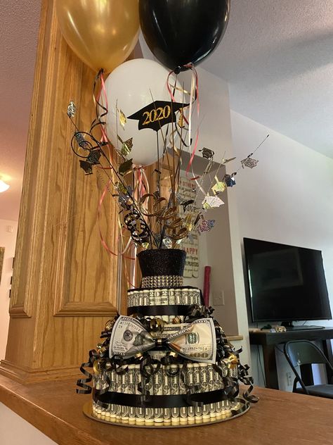 Cake For Graduation Party, Graduation Money Tree Ideas, Money Theme Party Decorations, Cash Cake Money Dollar Bills, Money Graduation Cake, Money Cakes For Graduation, 18th Birthday Money Cake, Money Graduation Gift Ideas For Guys, Graduation Theme Party Ideas High School