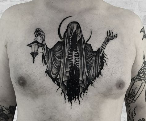 Grim Reaper Tattoos, Geometric Tattoo Sleeve Designs, Skull Hand Tattoo, Grim Reaper Tattoo, Reaper Tattoo, Ghost Tattoo, Fantasy Tattoos, Chest Tattoos, Creepy Tattoos