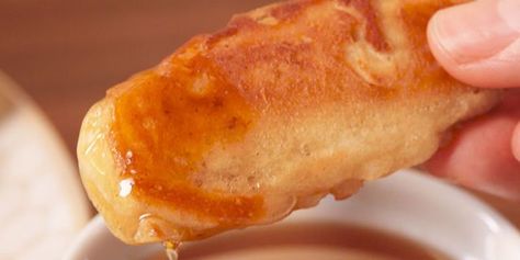 Best Sausage Pancake Dippers Recipe-How To Make Sausage Pancake Dippers—Delish.com Sausage Link Pancakes, Battered Sausage, Pancake Dippers, Supper Meals, Pancake Sausage, Make Sausage, Sausage Dip, Ladies Group, Best Sausage