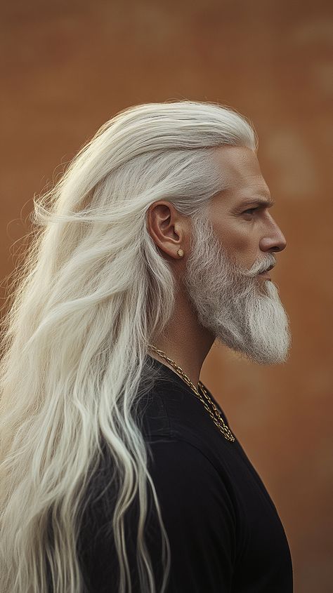 Handsome Targaryen man with long white hair. Man With Long Hair And Beard, Blonde Long Hair Men, Targaryen Inspired Hair, Targaryen Hair Tutorial, Long Male Hairstyles, Targaryen Men, Older Mens Long Hairstyles, White Hair Beauty, Mens Long Hairstyles