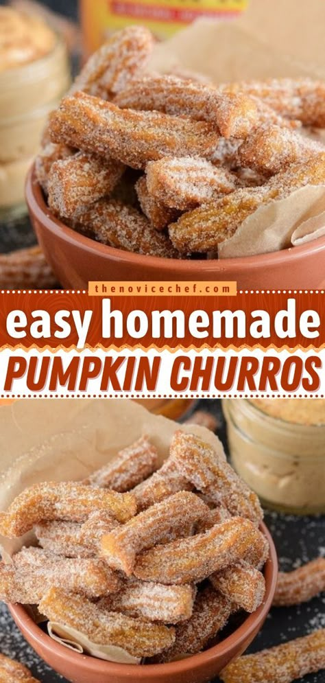 Pumpkin Churros, fall, pumpkin recipes Pumpkin Churros, Pumpkin Cream Cheese Dip, Air Fryer Pumpkin, Homemade Churros, Cream Cheese Dip, Cinnamon Pumpkin, Pumpkin Cream Cheese, Thanksgiving Desserts, Homemade Pumpkin