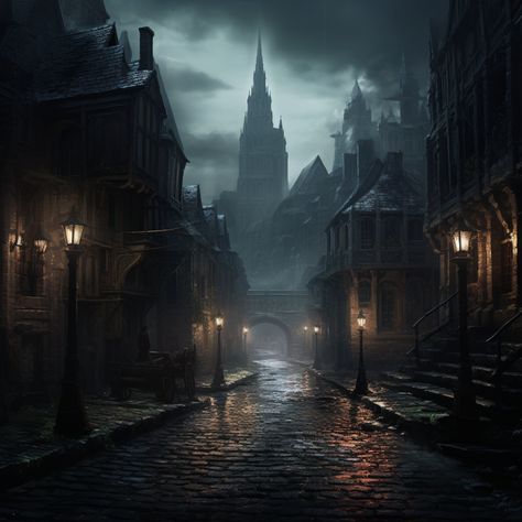 Dark Historical Aesthetic, Victorian City Fantasy Art, Medieval Dark Fantasy City, Neo Victorian Aesthetic, Victorian Environment Concept Art, Victorian Street Scene, Fantasy 1920s City, Dark Fantasy City Art, Victorian Era Fantasy Art