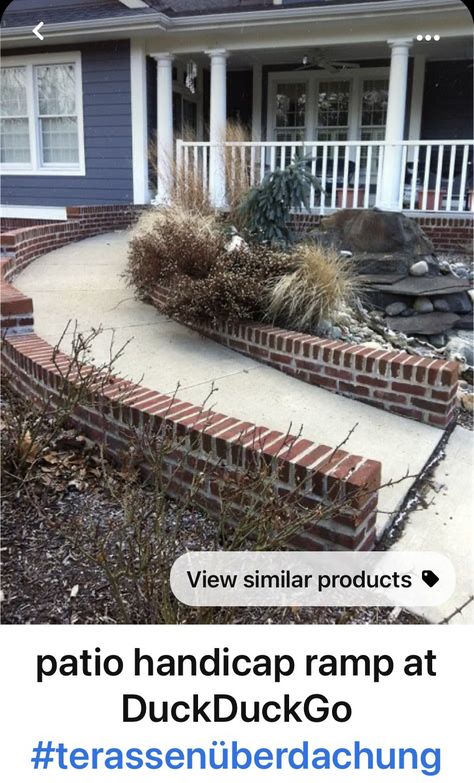 Landscaped Ramps, Accessible Front Porch, Brick Ramp Front Porches, Front Porch Wheelchair Ramp Ideas, Front Porch Ramp Ideas, Wheelchair Accessible Patio, Concrete Wheelchair Ramps For Home, Front Door Ramp Entrance, Ramp For House Entrance