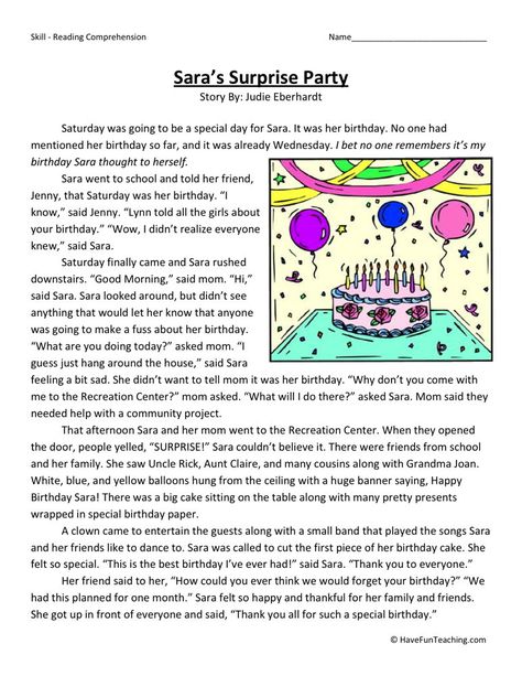 This Reading Comprehension Worksheet - Sara's Surprise Party is for teaching reading comprehension. Use this reading comprehension story to teach reading comprehension. Fourth Grade Reading, Phonics Reading Passages, Teaching Reading Comprehension, English Stories For Kids, English Short Stories, Reading Comprehension Lessons, Have Fun Teaching, Comprehension Skills, Essay Writing Skills