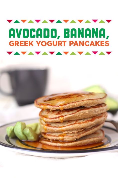 Avocado Pancakes Healthy, Avocado Blw Recipes, Avocado Banana Pancakes, Avocado Pancakes Baby, Banana Avocado Pancakes Baby, Avocado Breakfast Recipes, Yoghurt Pancakes, Avocado Pancakes, Banana Greek Yogurt