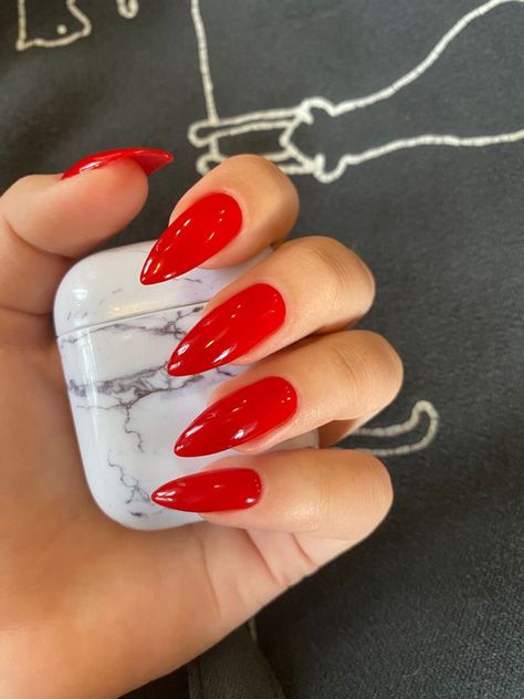 Big Apple Red Almond Nails, Red Nails Stiletto Almond, Red Or Pink Nails, Candy Apple Red Nails Acrylic, Bright Cherry Red Nails, Long Almond Red Nails, Red Stiletto Nails Short, Red Nail Almond, Red Long Almond Nails