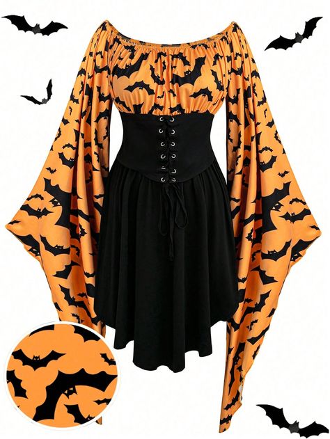 Plus Size Women's Bat Print Off-Shoulder Flared Sleeve Bat Print Dress, Halloween Clothes Multicolor Casual  Wrist-Length Sleeve Knitted Fabric Colorblock,Textured Pattern A Line High Stretch  Women Plus Clothing, size features are:Bust: ,Length: ,Sleeve Length: Hallowen Costume, Halloween Gothic, Standard Dress, Empire Waist Dress, Vestidos Vintage, Halloween Looks, Halloween Dress, Costume Halloween, Waist Dress