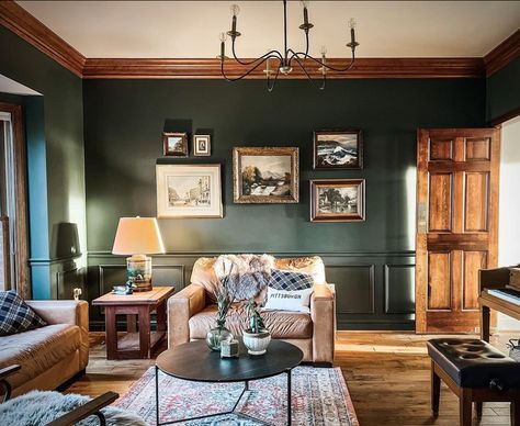 Dark Green Rooms, Green Walls Living Room, Dark Green Living Room, Dark Green Walls, Dark Living Rooms, Paint Color Inspiration, Brown Furniture, Green Room, Paint Colour