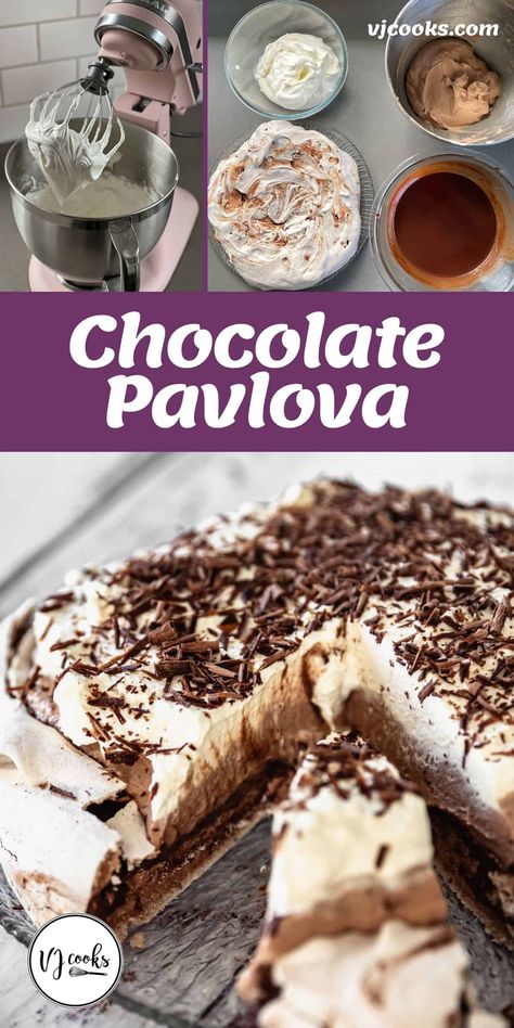 Layered Pavlova, Vj Cooks, Chocolate Pavlova, Kiwi Recipes, Pavlova Dessert, Pavlova Cake, Cookie Deserts, Decadent Chocolate Desserts, Pavlova Recipe