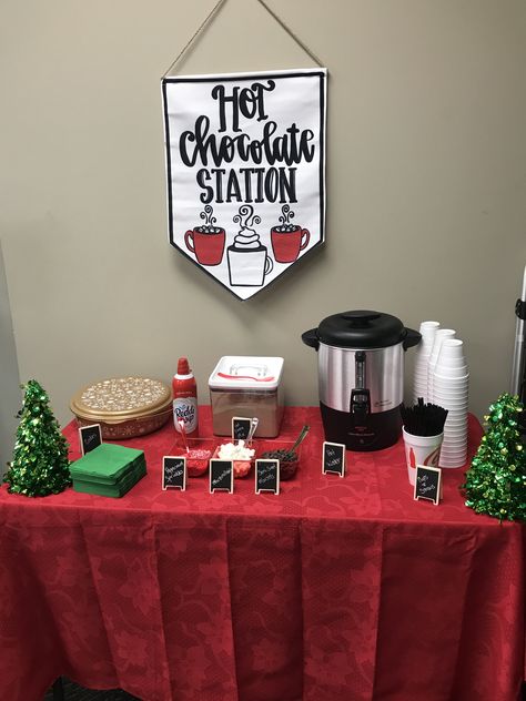 Hot Cocoa Bar At Work, Hot Cocoa Bar Ideas For Work, Hot Chocolate Bar At Work, Classroom Hot Chocolate Bar, Hot Cocoa Bar Party Ideas, Free Hot Cocoa Bar Printables, Christmas At The Office, Staff Christmas Party Ideas, Hot Cocoa Bar Printables