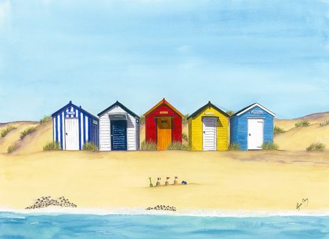 Sea Side Paintings The Beach, Sea Side Painting, Beach Huts Art, Seaside Paintings, Seaside Art, Sea Side, Beach Huts, Beach Watercolor, Beach Hut