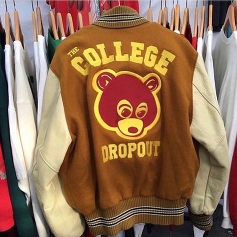 See Reverse For Care 🥂 on Instagram: “Sample “The College Dropout” Varsity Jacket 🐻 (2004)” Kanye West Jacket, Kanye Merch, Kanye West Sweatshirt, College Dropout, Kanye West Style, Rap Tee, Cute Comfy Outfits, Sneakers Outfit, Kanye West