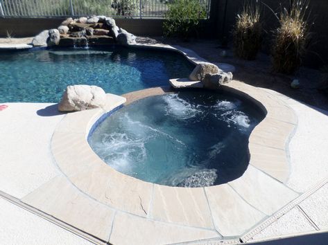 Swimming Pool Remodel with Blue Granite Pebble Sheen | Pool Gallery Kool Deck, Swimming Pool Service, Rock Waterfall, Pool Renovation, Pool Remodel, Blue Granite, Jacuzzi Outdoor, Cave Creek, Pool Service