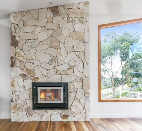 Crackenback sandstone walling                                                                                                                                                                                 More Stone Feature Wall, Small Fire Pit, Natural Stone Fireplaces, Stone Wall Cladding, Wall Feature, Small Fireplace, Rock Fireplaces, Fire Pit Seating, Stone Cladding