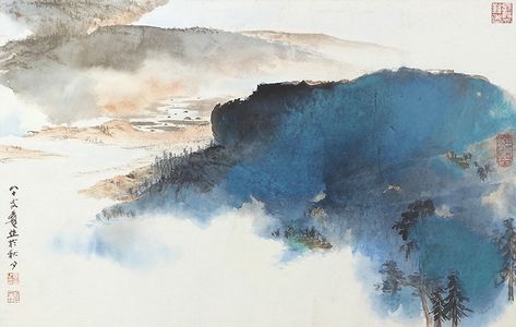 Sumi Art, Zhang Daqian, Chinese Art Painting, Painting Styles, Chinese Paintings, Chinese Landscape, Brush Painting, Blue Painting, Sumi E