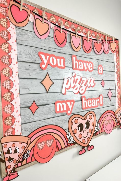 Church Valentines Party, Pizza Hearts, Retro Bulletin Board, Retro Pizza, Church Valentines, February Bulletin Boards, Valentine Pizza, Valentine Bulletin Boards, Leopard Birthday