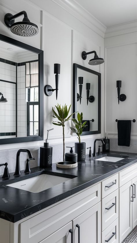 13 Stylish Black and White Bathroom Ideas – Balanced Home Living White Vanity Black Top Bathroom Ideas, White And Dark Bathroom, Black And White Guest Bathroom Ideas, Black Details Bathroom, Master Ideas Bathroom, Black Countertop Bathroom Vanity, Bathroom Remodel White And Black, Organic Modern Bathroom Black, White Bathroom Vanity Black Countertop