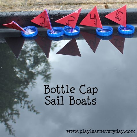 Bottle cap sail boats - ready to race! These sail boats are such a quick and straightforward activity to do with your kids. Perfect for all ages and abilities! Boats Eyfs, Pirate Activities, Camping Family, Eyfs Activities, Ready To Race, Nursery Activities, Nature Camping, Sail Boats, Outdoor Learning