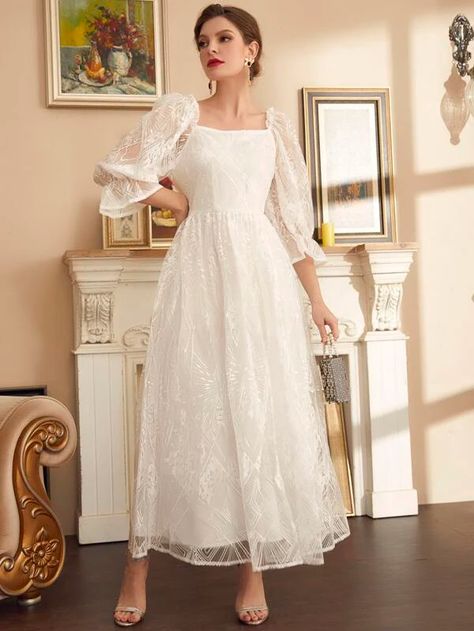 Long Sleeve White Midi Dress, White Dress Classy, Plain White Dress, Sleeve Prom Dress, Dress Outfits Party, Knee Length Wedding Dress, Prom Dresses Simple, Formal Dresses With Sleeves, Shein Dress