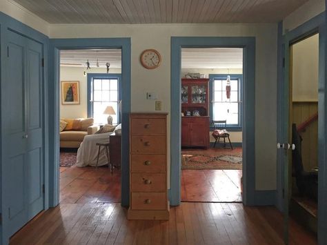 Blue Woodwork White Walls, Blue Trim Kitchen, White Room Blue Trim, Green Walls Blue Trim, White Walls Blue Trim Bedroom, White Walls With Blue Trim, Colorful Baseboards, Dark Blue Trim Interior, Blue Baseboards And Trim