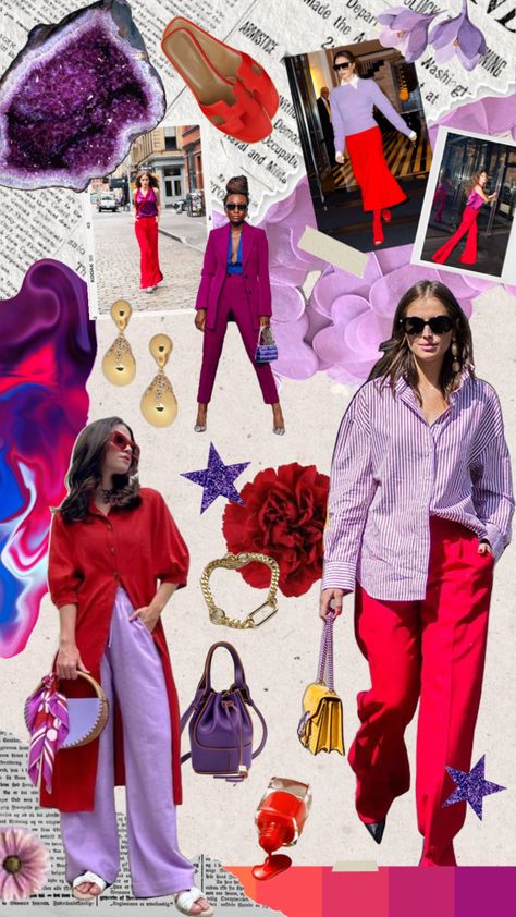 Red And Purple Outfits For Women, Purple Red Outfit Color Combos, Red And Purple Outfit Aesthetic, Red Pink Outfit Color Combos, Lavender And Red Outfit, Lilac And Red Outfit, Red And Purple Clothes, Lavender And Red Color Palette, Red Color Combos Outfits