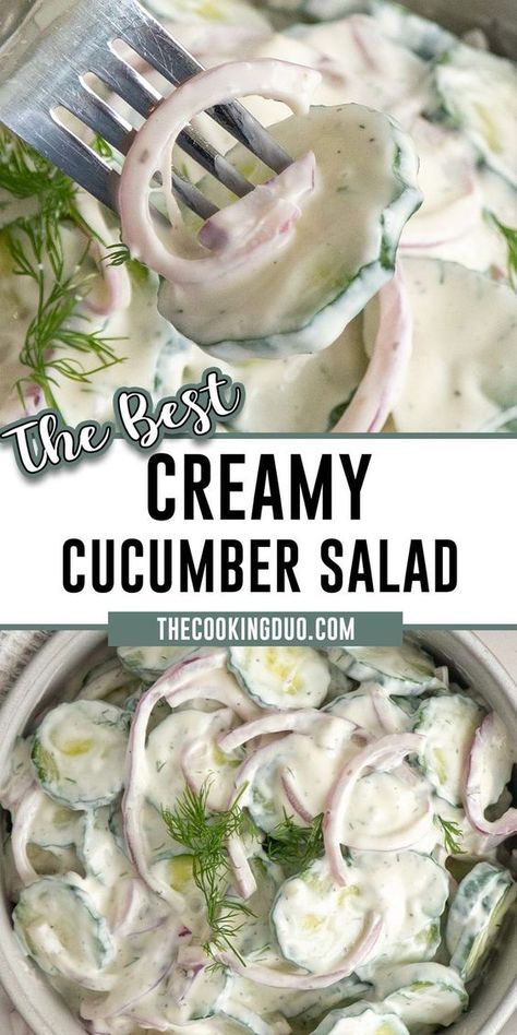 Looking for a fast and refreshing salad fix? You've got to try this Creamy Cucumber Salad! With just under 10 ingredients, it's all about crunchy cucumbers and tangy sour cream. It's simple, delicious, and the perfect sidekick for any meal! Cucumbers And Sour Cream, Cucumber Recipes Easy, Easy Creamy Cucumber Salad, Creamed Cucumber Salad, Cucumber Salad Dressing, Easy Cucumber Salad, Creamed Cucumbers, Cucumber Salad Recipe, Creamy Parmesan Sauce