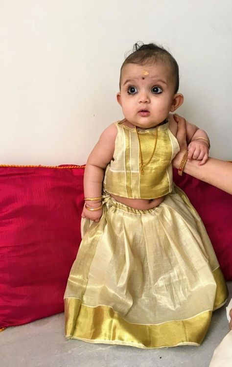 Onam Dress For Baby Girl, Blueberry Dress, Traditional Baby Dresses, Kerala Dress, Onam Dress, Pattu Pavada, Onam Outfits, Kids Ethnic Wear, Long Gown Design