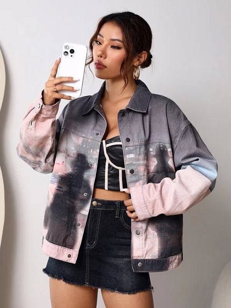 Tie Dye Drop Shoulder Denim Jacket | SHEIN Drop Shoulder, Denim Jacket, Tie Dye, Dye, Plus Size