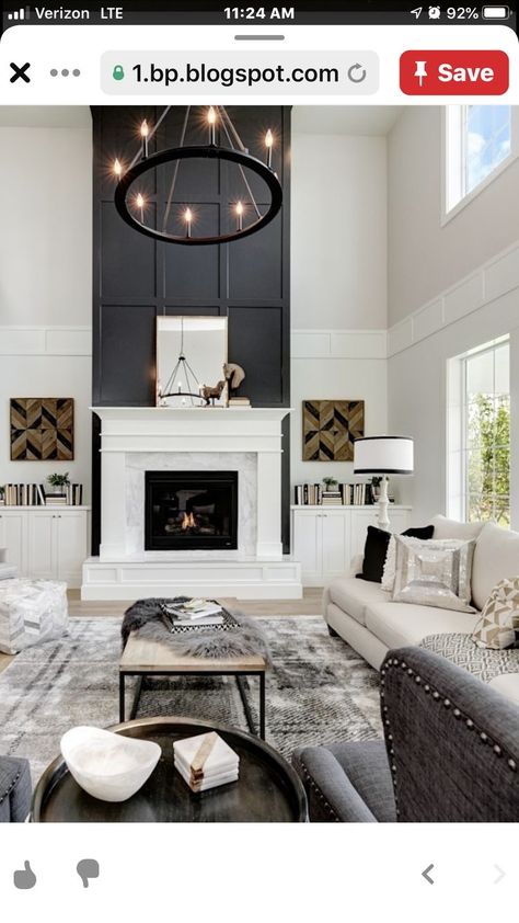 High Wall Fireplace Ideas, Tall Ceiling Fireplace, Tall Fireplace Wall High Ceilings, Tall Wall Decor High Ceilings, Black Fireplace Wall, Trim Inspiration, Tall Wall Decor, Fireplace Accent Walls, White Mantle