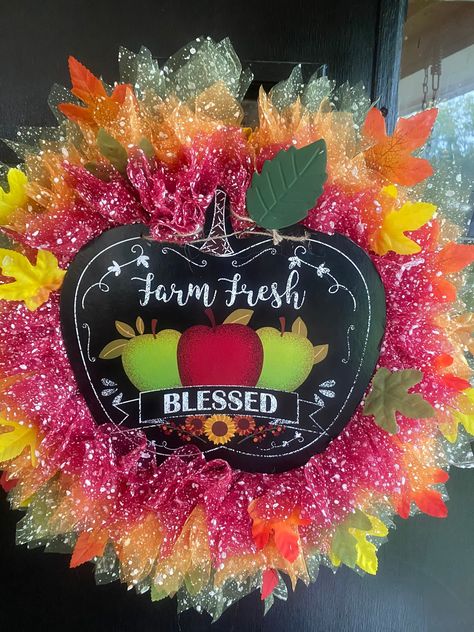 Excited to share this item from my #etsy shop: Fall wreath with sign centerpiece Farm Fresh Blessed Wreath With Sign, Sign With Flowers, Apple Wreath, Sugar Bowls And Creamers, Orange Ribbon, Fall Apples, Red And Orange, Fall Home, Yellow Leaves