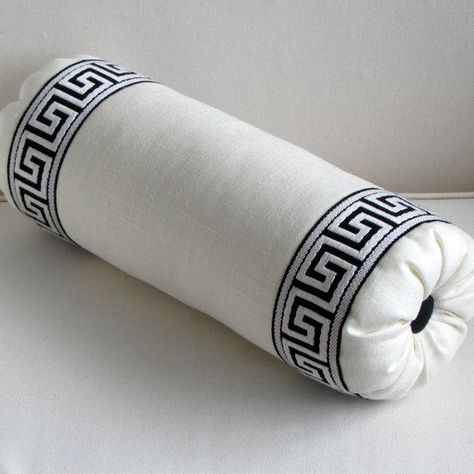 Glam Pillows, Greek Key Pillow, Bolster Pillow Cover, Greek Decor, Embroidery Stitches Beginner, White Cushion Covers, Bolster Covers, Pillow Crafts, Trim Fabric