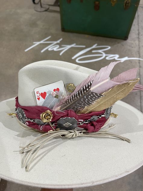 Custom Made Cowgirl Hats, Custom Charlie 1 Horse Hats, How To Embellish A Cowboy Hat, Western Hat Accessories, Burned Designs On Hats, Diy Hat Embellishment, How To Decorate A Felt Hat, Decorated Western Hat, Cowboy Hat Bands Western