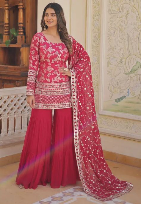 Embroidered Georgette Pakistani Suit in Fuchsia Pink Sharara, Wedding Salwar Kameez, Lehenga Crop Top, Lehenga Choli Wedding, Rani Pink, Floral Lehenga, Party Wear Lehenga Choli, Embroidered Sarees, Reception Gown