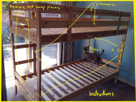 Mydal bunk bed to single beds - IKEA Hackers Mydal Bunk Bed, Ikea Bunk Bed Hack, Bunk Bed Hacks, Ikea Mydal, Ikea Bunk Bed, Ikea Bed Hack, Attic Bed, Single Beds, Space Bedding