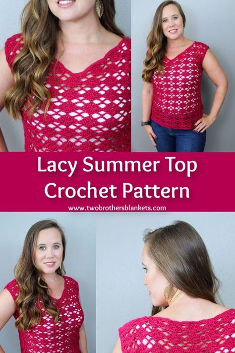 A Lacy Summer Top Crochet Pattern with a gorgeous v-neckline! You'll love how simple this is to crochet and the beautiful results! #crochet #crochetpatterns #fashion #summercrochet Crochet Lacy Summer Tops Free Patterns, Crochet Summer Tops Free Patterns Easy T-shirts And Tank Tops, Crocheted Shirts, Cotton Crochet Patterns, Crochet Blouses, Crochet Tee, Crochet Tank Tops, Cute Summer Tops, Crochet Ladies Tops