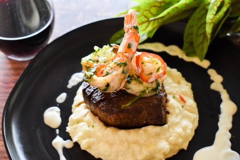 Filet Mignon And Shrimp Recipes, Filet Mignon Plating, Surf N Turf Recipes, Chimichurri Shrimp, Pesto Potatoes, Filet Mignon Recipes, Lobster Recipes Tail, Peppercorn Sauce, I Am So Sorry