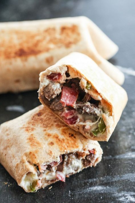 Bacon Philly Cheesesteak Wraps | Six Sisters' Stuff Baked Wraps Recipes, Philly Cheesesteak Wraps, Cheesesteak Wrap, Wraps Recipes, Wrap Recipe, Six Sisters Stuff, Sandwich Wraps, Grilled Turkey, Cheese Wrap