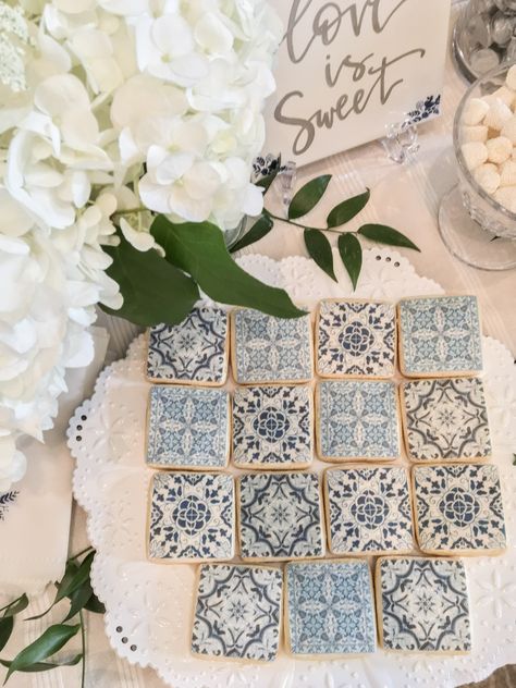 A Vintage Bridal Shower Inspired By Portuguese Details + Traditional Tiles || Dreamery Events Portuguese Bridal Shower Theme, Traditional Bridal Shower Ideas, Portuguese Wedding Traditions, European Bridal Shower Theme, Something Blue Bridal Shower Ideas, Silver Votive Candles, Mosaic Wedding, Classic Blue Wedding, Portuguese Wedding