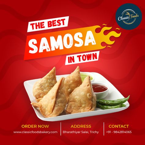 Why fall in a love triangle, when you can fall in love with these samosas? The crowd-favorite samosas are back with a bang, and you will love it. No more missing yummy food, and order these Samosas online in Trichy Boring summer vacations? Enjoy with Samosas. So, its time to say goodbye to the cravings, and order a plate of perfection from Classic Foods Bakery. #orderin #fooddelivery #foodstagram #foodoftamilnadu #trichyfoodie #trichyfoodcommunity #classicfoodsbakery Samosa Poster Design, Samosa Creative Ads, Boring Summer, Food Posters, Menu Card Design, Cafe Posters, Food Post, Food Flyer, Food Memes