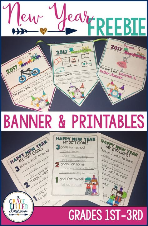 New year Freebies to set goals for the new year includes a classroom banner and printables. Your students will love setting goals this new year. January Classroom, January Activities, Classroom Banner, 2nd Grade Writing, Year Goals, School Goals, 1st Grade Writing, First Grade Writing, New Years Activities