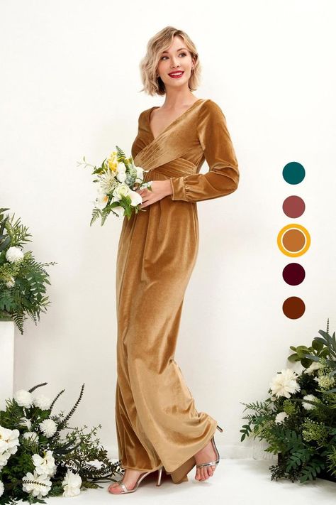 Wedding chic, but make it modest. V-neck Long Sleeves Velvet Bridesmaid Dresses. Perfect modest dress for bridesmaids or mother of the bride. Shop eDressit sustainable bridesmaid dresses in 5 colors and sizes 0-32. Free customization. All dresses are $109. Shop now at eDressit.com. Style: Empire Waist,Vintage Neckline: V-neck Length: Full Length Embellishment: Pleated Fabric: Velvet Sleeve: Long Sleeves Back Style: Zipper Up Chic Bridesmaid Dresses, Velvet Bridesmaid, Evening Gala, Orange Bridesmaid Dresses, Velvet Bridesmaid Dresses, Velvet Sleeve, Gold Bridesmaid Dresses, Perfect Bridesmaid Dress, Bridesmaid Dress Styles