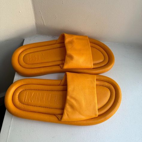 Simon Miller x Mango Orange Leather Slide Sandals Eur 38 US 7.5 Leather Slide Sandals, Simon Miller, Orange Leather, Leather Slides, Slide Sandals, Try On, Mango, Genuine Leather, Sandals