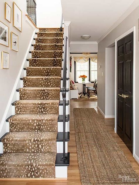 Black Painted Stairs, Carpeted Stairs, Stairs Carpet, Stairs Runner, Open Stairs, Rustic Home Interiors, Suburban House, Painted Stairs, Coastal Living Rooms