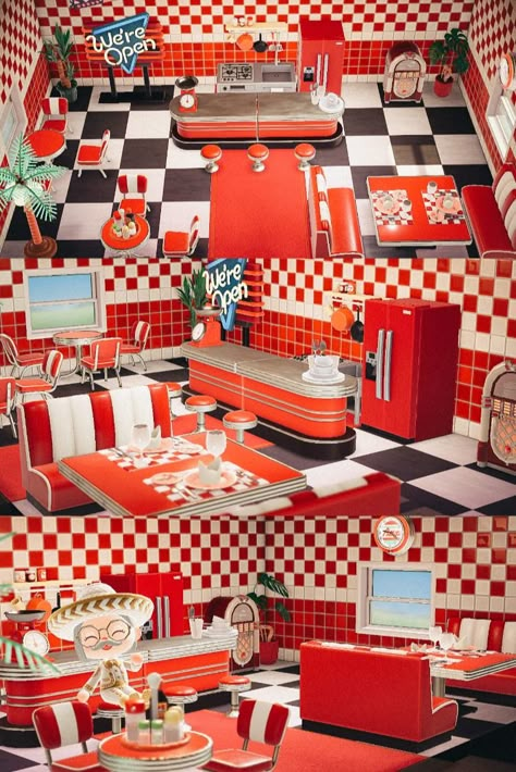 Full red diner set showcased in the upstairs of my home's interior Animal Crossing Diner Ideas, Acnh Diner Designs, Diner Animal Crossing, Red Animal Crossing, Acnh Diner, Gift Guide Animal Crossing, Acnh House, Ac New Leaf, Animal Crossing Guide