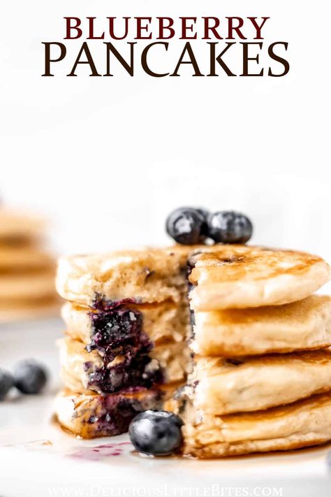 This recipe for Fluffy Blueberry Pancakes will give you super fluffy, lightly sweet pancakes with bursts of juicy blueberries in every bite. Topped with butter and syrup, they are a delicious choice for breakfast, brunch, or dinner.| #blueberrypancakes #fluffypancakes #breakfast #pancakes #blueberries Blueberry Banana Pancakes, Weekend Breakfast Recipes, Blueberry Oat Muffins, Fluffy Blueberry Pancakes, Sweet Pancakes, Banana Blueberry Pancakes, Blueberry Pancakes Recipe, Freeze Pancakes, Pancake Calories