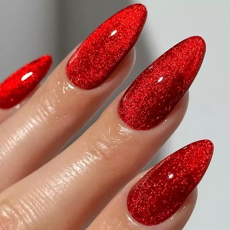 Red Nails With Silver Glitter, Gel Red Nails, Glittery Red Nails, Red Dip Nails, Nails For Red Dress, Ruby Red Nails, Red Velvet Nails, Nail Designs Holiday, Red Sparkle Nails