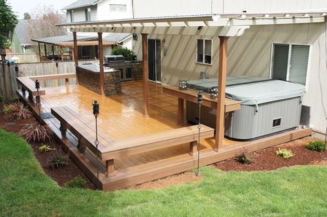 TimberTech Earthwood deck with built in benches, table by the hot tub, built in BBQ and patio cover. Patio With Hot Tub, Patio Plan, Tub Deck, Hot Tub Patio, Outdoor Hot Tub, Deck Seating, Hot Tub Deck, Hot Tub Backyard, Patio Deck Designs