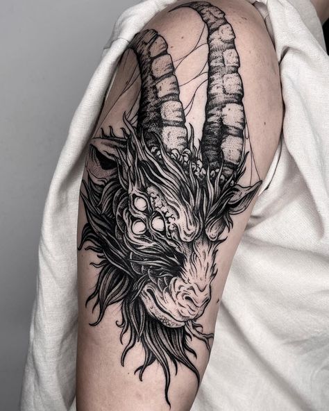 Sieebs Tattoos (@sieebs) | Instagram profile Demonic Tattoos, Tattoo Goat, Ouija Tattoo, Mens Tiger Tattoo, Graphic Tattoos, Goat Tattoo, Lamb Tattoo, Ram Tattoo, Turtle Tattoo