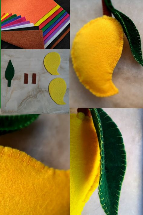 This mango is made by using felt sheet and stuffed with synthetic stuffing Mango Craft For Kids, Mango Craft, Fruit For Kids, Jungle Decorations, Felt Hair Accessories, Felt Fruit, Primary And Secondary Colors, Felt Crafts Patterns, Felt Crafts Diy